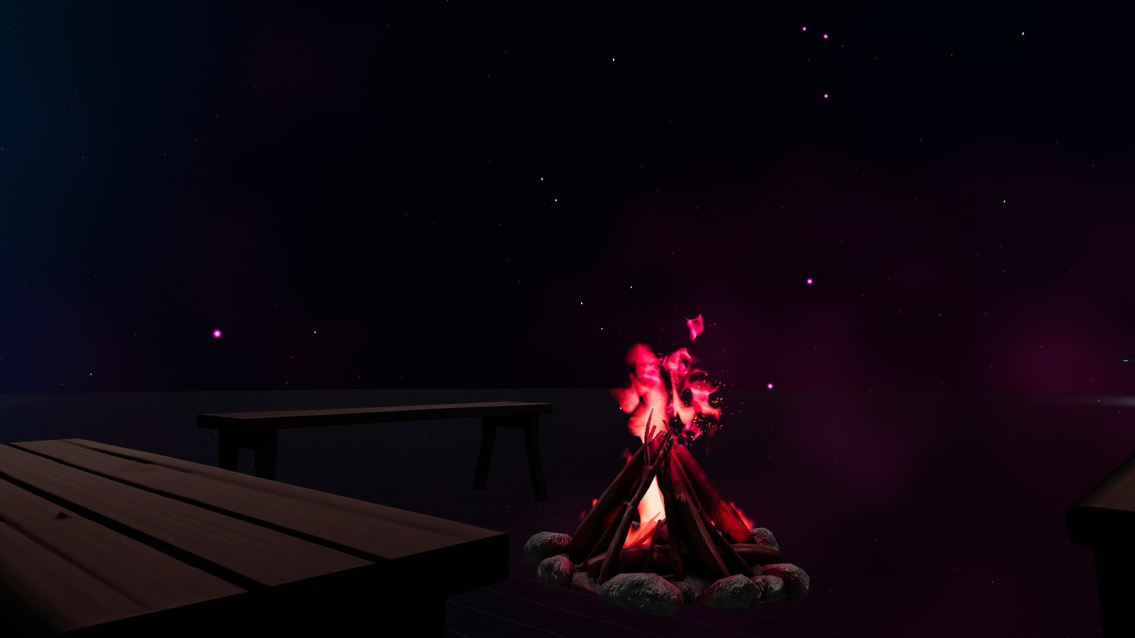 Campfire and benches under a dark starry sky in Lonely Starry Night