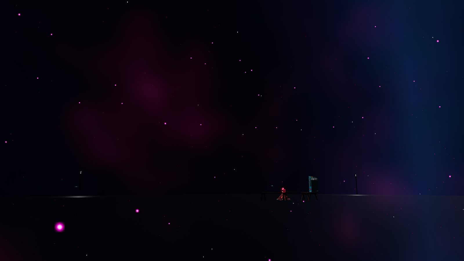 Wide view of the campfire area under a nebula-streaked night sky