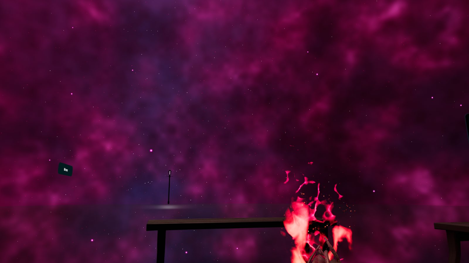 Campfire glowing beneath a pink and purple nebula sky